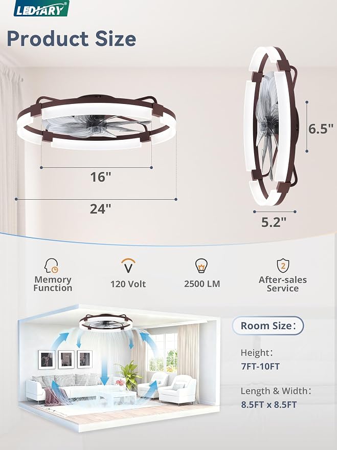 LEDIARY 24" Ceiling Fans with Lights and Remote, Modern Low Profile Ceiling Fan, 3 CCT, Stepless Dimmable, Fandelier Flush Mount Fan Light, 6 Speeds, DC Motor, App & Remote Control for Bedroom(Brown)