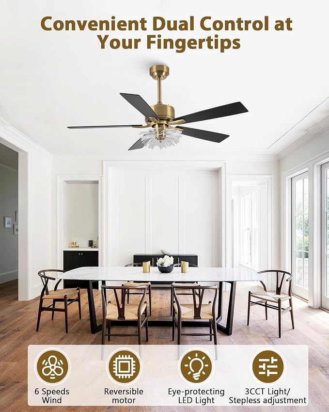 52 Inch Gold Ceiling Fans with Lights and Remote, Modern PS Petal Crystal Black and Gold Ceiling Fan for Bedroom Living Room Apartment, 3CCT Dimmable Indoor Girls Chandelier, 6 Speeds DC Motor