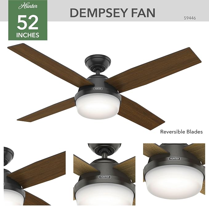 Hunter Dempsey, Indoor, Ceiling Fan, Modern, Quiet, 52 inch, Noble Bronze | with LED Light and Remote Control, Standard Mount, 4 Blades, For Bedroom, Living Room, Kitchen, 59446