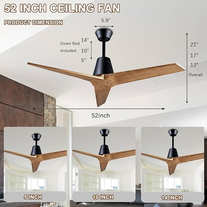 52 Inch Solid Wood 3 Blades Outdoor Ceiling Fan No Light DC Remote Control | solid sycamore blades, reversible dc motor, 6-speed timer remote, no light, for bedroom patio indoor outdoor spaces