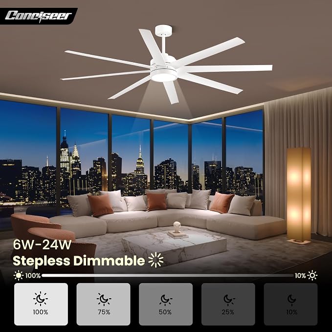 Modern Ceiling Fans with Lights, 72 Inch Ceiling Fan with Remote for Bedroom Living Room Kitchen Library Cafe Outdoor/Industrial Use,24W 6CCT 8 Blades 6 Speed Reversible Quiet DC Motor, White