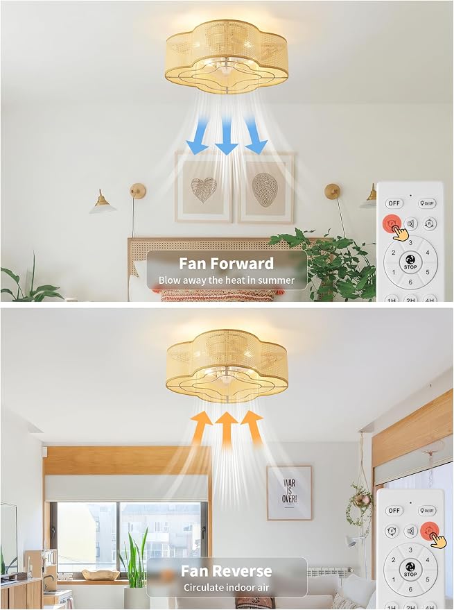 Boho Ceiling Fans with Lights, 20" Low Profile Ceiling Fan with Light Remote Control, Bladeless Flush Mount with 6 Speeds for Bedroom, Nursery, Living Room.