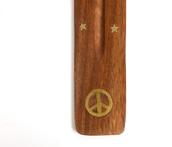 Wooden Incense Holder for Sticks with Inlays of Brass Peace 10 inches Long