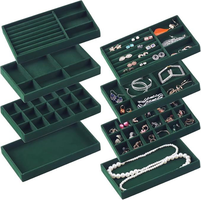 Set of 8 Stackable Jewelry Organizer Stackable Trays for Drawers,Jewelry Drawer Inserts Container Display Case Storage for Earring Necklace Rings Bracelet with Removable Dividers-Green