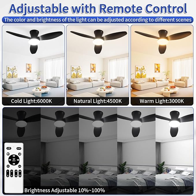 40 inch Ceiling Fan with Lights, Flush Mount with Remote Control | 3 Blades, 6 Speeds, Reversible Quiet DC Motor, Dimmable, 3000-6000K Adjustable, Timer, for Bedroom Dining Room Home Office