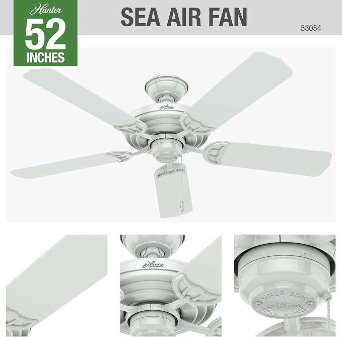 Hunter 52 inch Outdoor or Indoor Ceiling Fan No Light - White Ceiling Fan without Light, For Patio, Porch, Garage, or Living Room, Standard Mount, 5 Blades, Pull Chain - Sea Air 53054, White | Standard Mount, Pull Chain, 5 Blades, For Living Room, Pati...