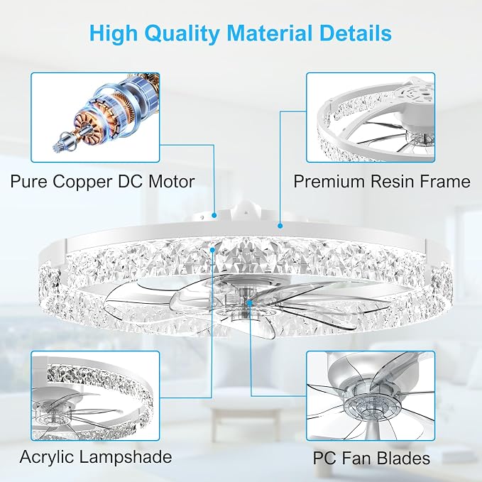 Crystal Ceiling Fans with Lights and Remote, 20'' Low Profile Ceiling Fan, 1-6 Wind Speeds, 3000-6500K Dimmable Flush Mount LED Fan Light, Modern Fandelier Ceiling Fans for Bedroom
