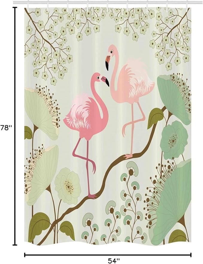 Ambesonne Peacock Stall Shower Curtain, Blossoming Floral Background with Pair of Flamingos on Tree Branch, Fabric Bathroom Decor Set with Hooks, 54" W x 78" L, Green Salmon