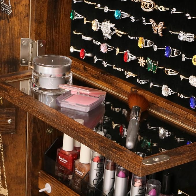 Rotating Jewelry Cabinet with Vanity Mirror,Full Length Mirror with Storage Jewelry Armoire Lockable Jewelry Organizer Standing Mirror with Drawers Wheels Christmas Gift for Girl Rustic Brown