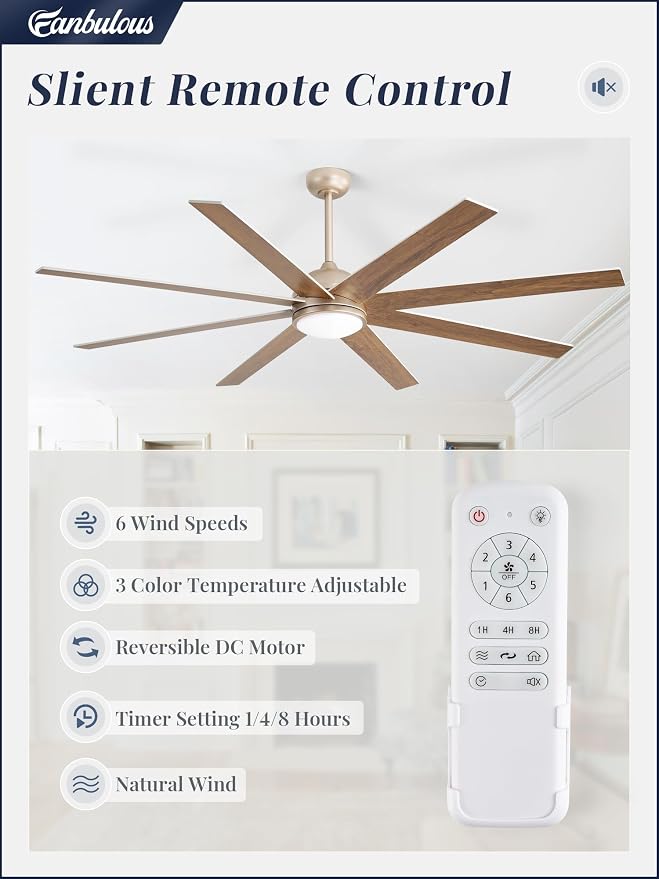 Fanbulous Ceiling Fans with Lights, 72 inch Large Ceiling Fan with Light and Remote, Champaign Gold Ceiling Fan for Living Room Patio, 6 Speeds, Reversible Quiet DC Motor, 3 CCT, Bi-color 8 Blades