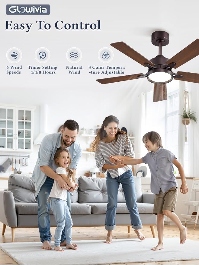 42 Inch Ceiling Fan with Lights and Remote, Smart APP Control, Dimmable with All-Setting Memory, Quiet DC Motor Reversible Blades, Damp Rated Modern Ceiling Fan for Bedroom Patio Living Room