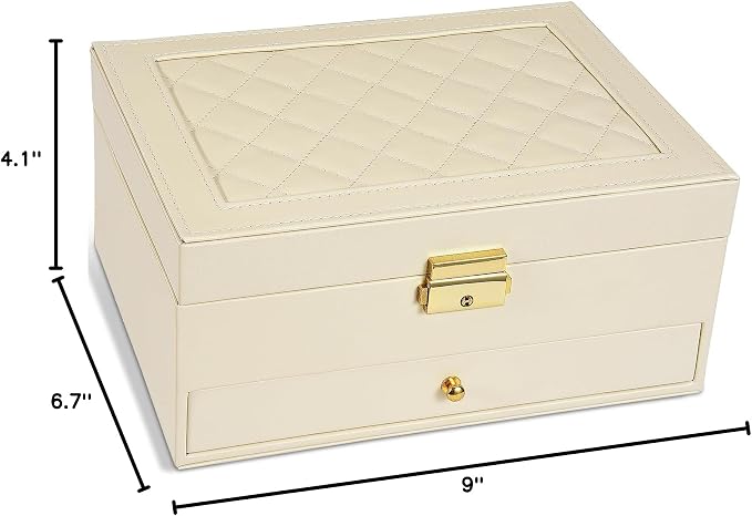 GUOER Jewelry Box for Women Girls, Two Layers Jewelry Organizer (Apricot) | Vintage Quilting Stitching PU Leather, Earrings Bracelets Rings Necklace Watches Storage Large Jewellery Holder Case Gifts