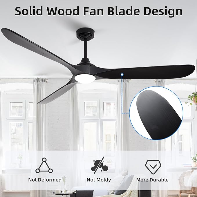 Ceiling Fan with Lights, 72'' Solid Wood Indoor/Outdoor Ceiling Fan with Quiet Reversible DC Motor, Compatible with Alexa/Google/App, 3CCT Dimmable, 6 Speeds Black Outdoor Fan for Patio Porch