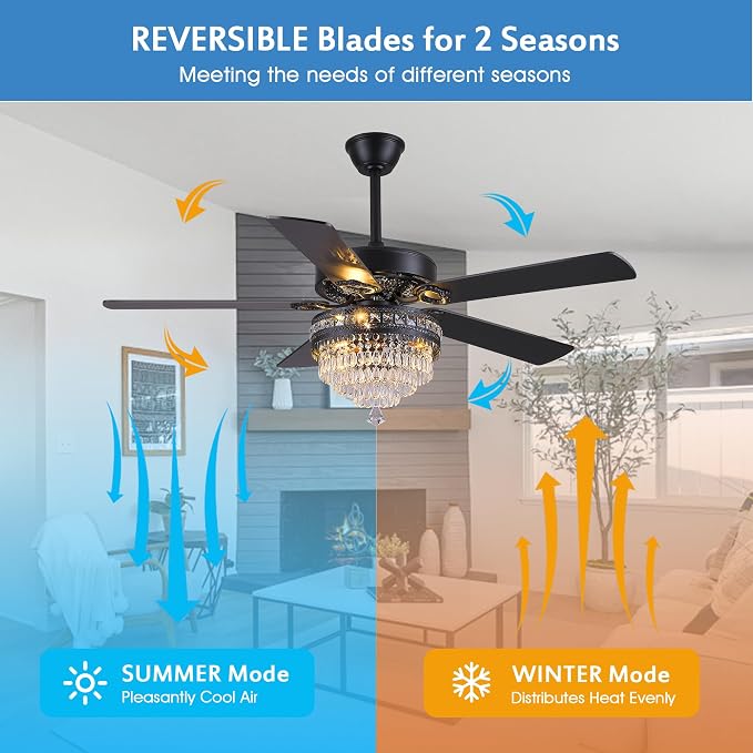 GJeg Crystal Ceiling Fan Fandelier with Lights- Retro Outdoor Fans with Remote Control, Farmhouse Ceiling Fan with Noiseless AC Reversible Motor,Dining Room,Living Room(52" Black)