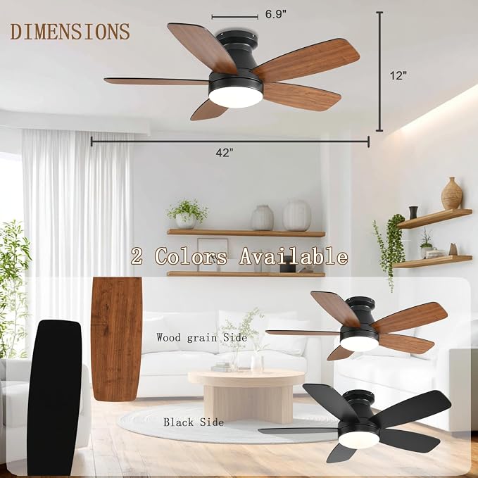 FUMLTP 42inch Ceiling Fans with Lights, Low Profile Ceiling Fan with Light and Remote Control, Flush Mount, Reversible DC Motor, Dimmable, Noiseless,Brown Small Ceiling Fan for Bedroom Indoor/Outdoor