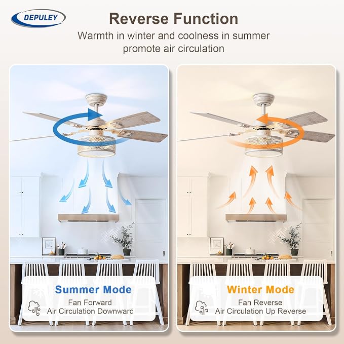 Depuley 52in Ceiling Fans with Lights: 2 Pack White Gold Caged Ceiling Fan with Remote - Farmhouse Ceiling Fan with Dual Finish 5 Blades for Living Room 6 Speeds Timer Reversible E26 Bulbs Included