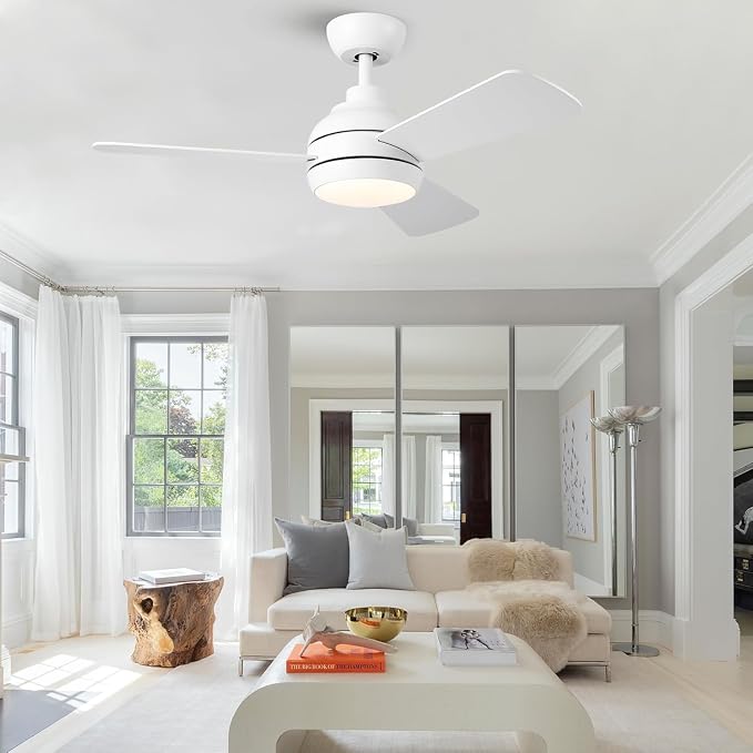 42 Inch Downrod Ceiling Fan with Light, 3 Wood Blades, White | Remote Control,Reversible Quiet DC Motor,Wood Blades,6-Speed,3CCT Dimmable LED for Bedroom,Living Room