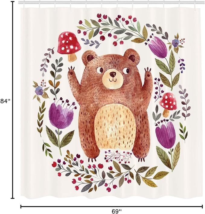 Ambesonne Watercolor Flower Shower Curtain, Illustration of Happy Little Bear in Frame of Flowers Mushrooms Wreath, Cloth Fabric Bathroom Decor Set with Hooks, 69" W x 84" L, Purple Green