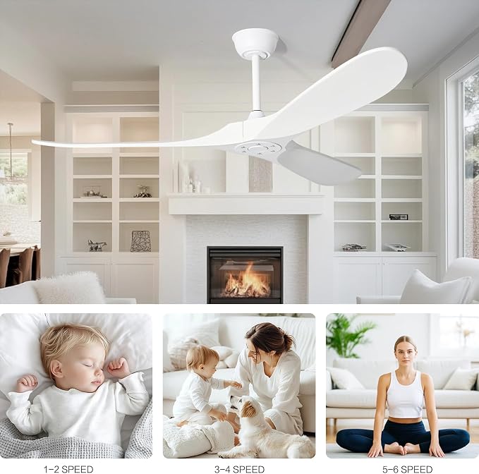 heimo 72 Inch white Ceiling Fan No Light,Indoor Outdoor 3 Blade Wood Ceiling Fans without Lights for Patios Living Room Porch Garage Big Extra Large Wooden Fan with Downrod