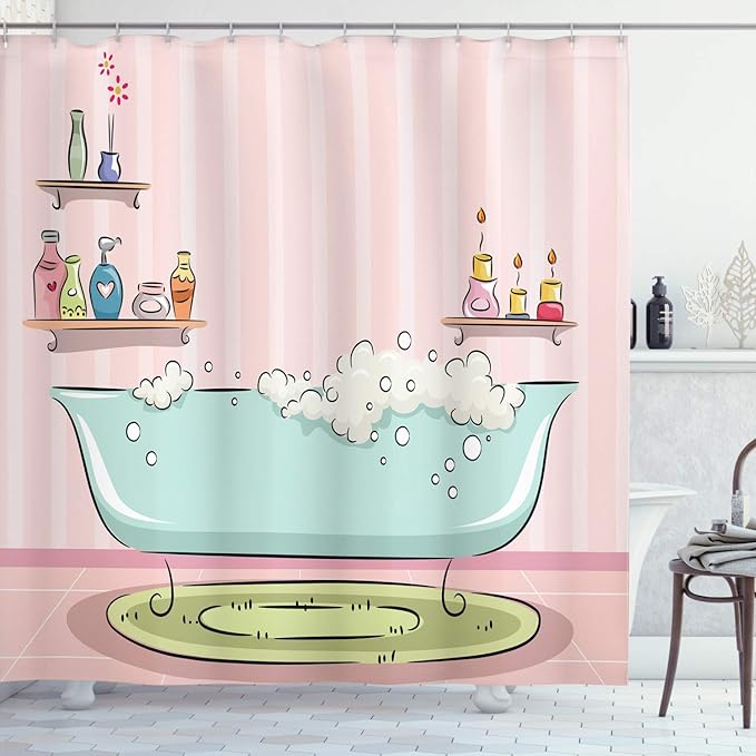 Ambesonne Feminine Shower Curtain, Illustration of a Bathtub with Bubbles in Girly Room Aroma Oil Aromatherapy, Cloth Fabric Bathroom Decor Set with Hooks, 69" W x 70" L, Pink Blue