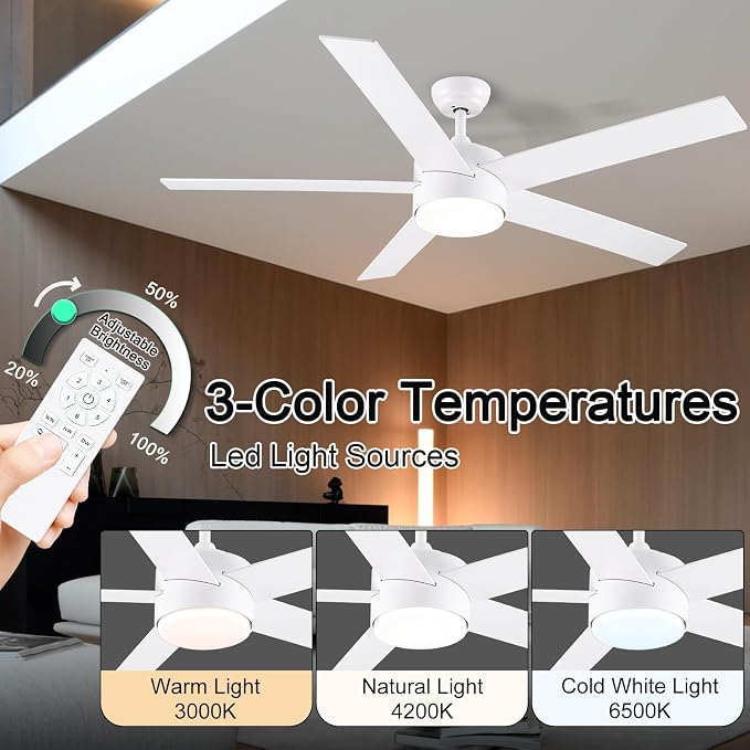 POCHFAN 60 Inch White Ceiling Fans with Lights and Remote Control,Quiet Modern Ceiling Fan for Bedroom,Living Room, Dining Room,Dimmable 3-Color Temperatures 6-Speed
