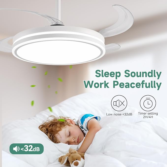 Retractable Ceiling Fans with Lights and Remote, 42 Inch White Chandelier LED Fan, 20W Energy Saving,Memory Function,Timer Setting,Ultra Quiet Invisible Blades Fan for Kitchen, Bedroom