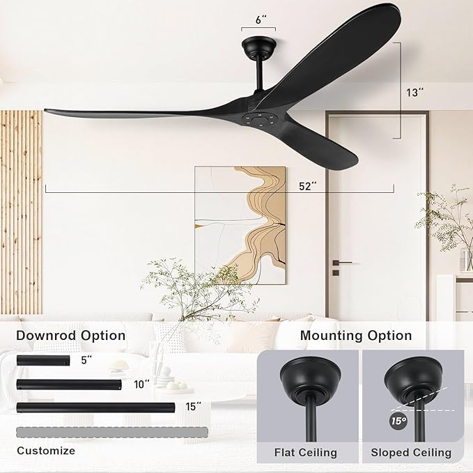 heimo 52 inch Black Ceiling Fan No Light,3 Blade Wood Indoor Outdoor Ceiling Fans Without Lights for Patios Bedroom Living Room Mid Century Modern Propeller Outside Exterior Wooden Fan with Remote
