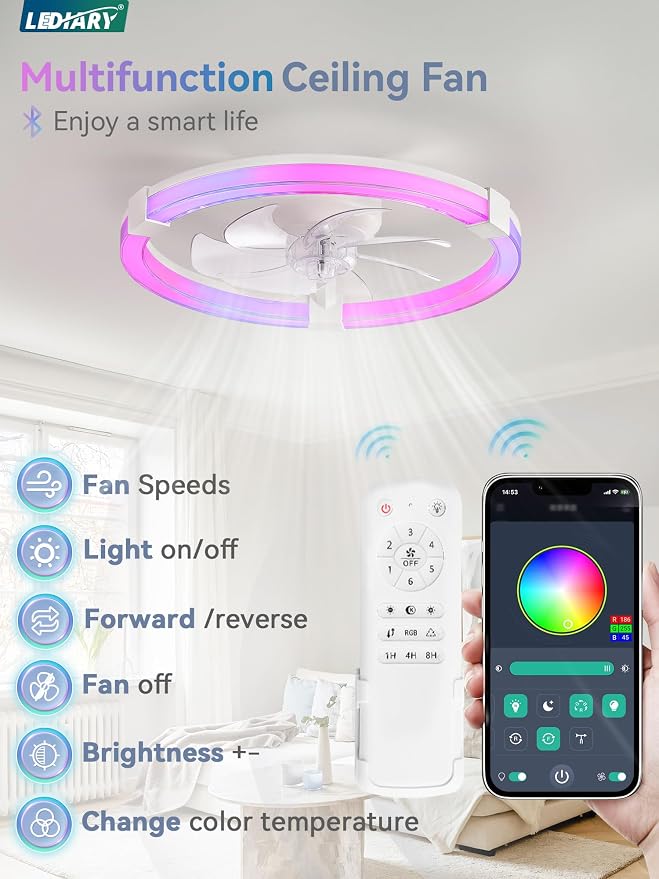 LEDIARY Ceiling Fan with Light,20inch Low Profile Fandelier with Remote RGB | RGB,6 Speeds, Reversible DC Motor, Dimmable Flush Mount Fan Light, Modern fans for Bedroom