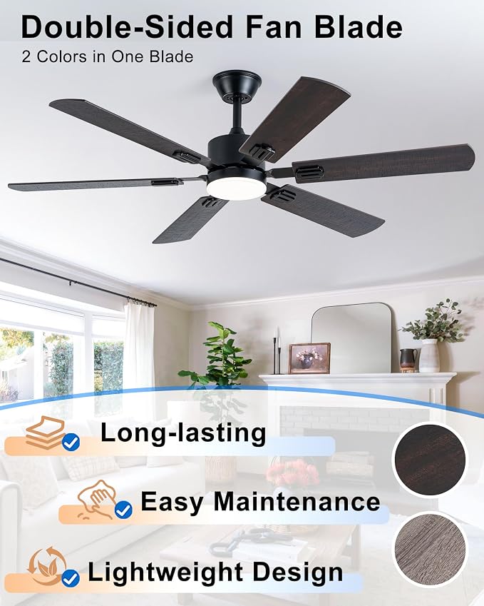 Coolwind 56 Inch Brown Ceiling Fan, Display Remote&APP Control, 6 Blade Modern Silent Ceiling Fan with 8 Speeds, Dimmable, Timer, DC Reversible Motor, Double Sided Blade for Bedroom, Living Room