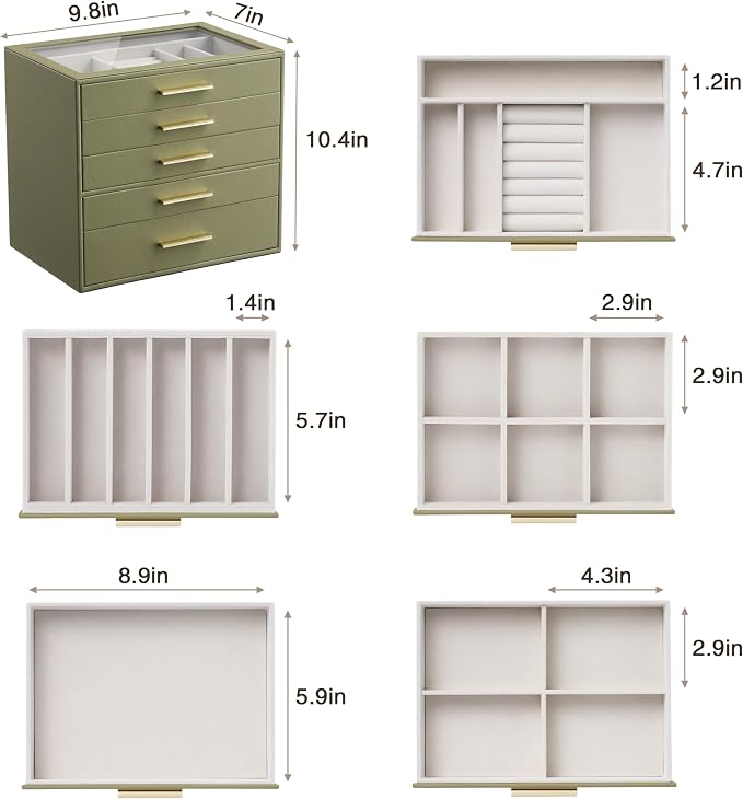 Jewelry Box Organizer Case for Women: 5-Layer Jewelry Storage Case with Glass Window, Olive Green Leather with Cream Velvet, Holder for Ring Necklace Bracelet Brooch Watch, Great Gift for Her