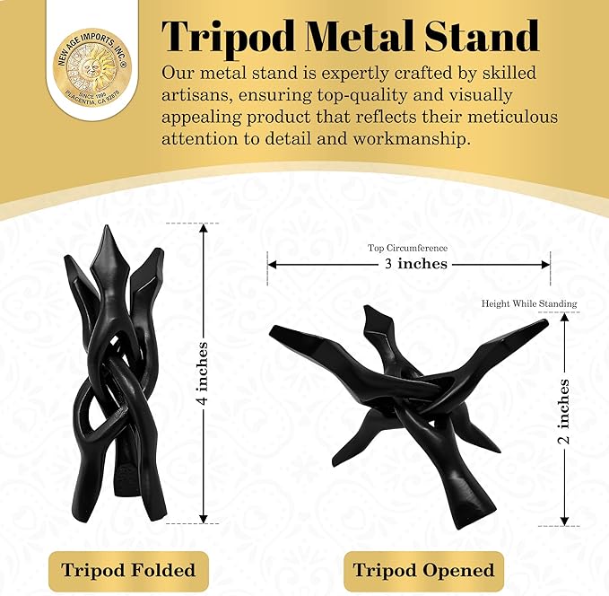 New Age Imports, Inc. Tripod Stand - Home Decor Holder for Abalone Shell for display or smudging, Crystal Ball, Trinket & Jewelry Dish, Bowls, Geodes, & More! Heavy Duty (4 INCH - Black Metal)