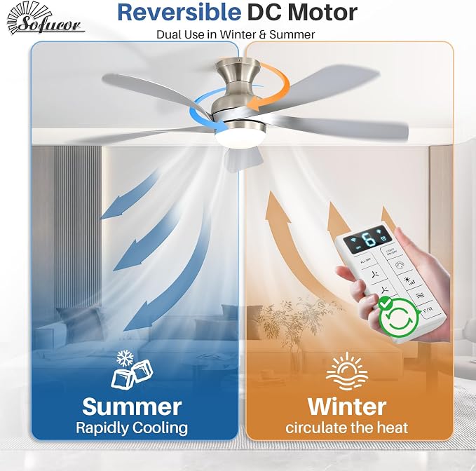 Sofucor Smart 52'' Low Profile Ceiling Fan with Lights and Remote, Flush Mount Ceiling Fan Work with APP/Alexa/Google for Modern Bedroom Living Room Patio, Dimmable LED Quiet Reversible DC Motor