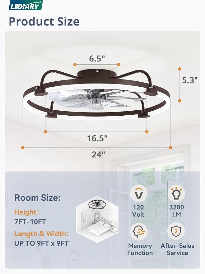 LEDIARY Ceiling Fans with Lights and Remote, 24'' Low Profile Ceiling Fan with Light, 3000-6000K Dimmable Fandelier LED Fan Light, 6 Wind Speeds, Brown Modern Flush Mount Ceiling Fan for Bedroom