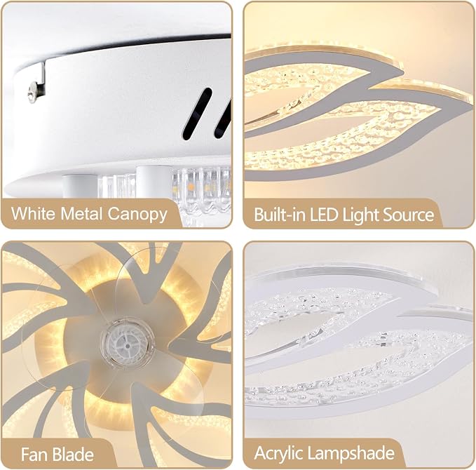 25" White Modern Geometric Ceiling Fan with Lights, 3 Light Color 6 Speeds Flush Mount Low Profile Ceiling Fan for Bedroom Kitchen