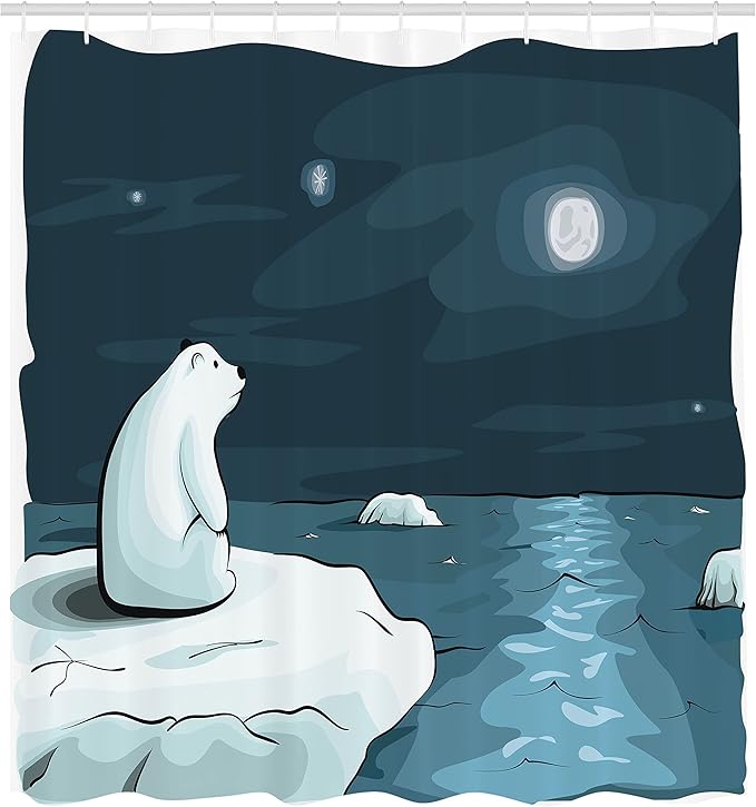 Ambesonne Winter Shower Curtain, Cartoon Style Hand Drawn Polar Bear in The Arctic Staring at The Moon Image Print, Cloth Fabric Bathroom Decor Set with Hooks, 69" W x 84" L, Petrol Blue