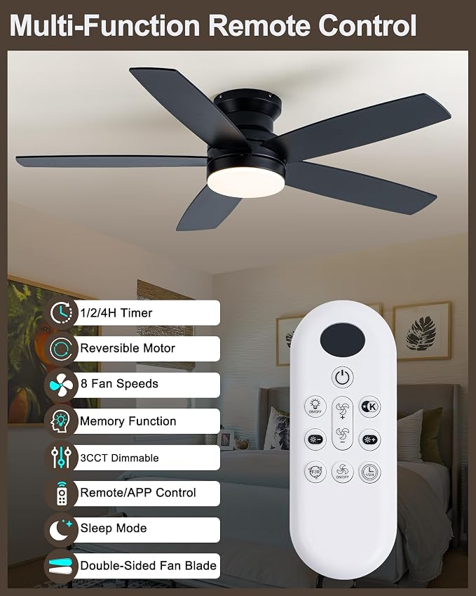 Coolwind 48 Inch Black Flush Mount Ceiling Fan with Display Remote/APP Control, Quiet Low Profile Ceiling Fan with Light, 8 Speeds, Dimmable, 3CCT, Timer, DC Reversible Motor for Bedroom, Living Room