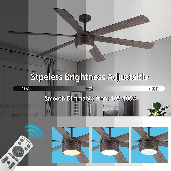 SHOWDI Brown Ceiling Fans with Lights and Remote, Quick Installation, 72 in | 2 Blade Color, Metal Material, App Remote Control, Timer, Reversible, 3CCT, Dimmable for Bedroom, Living room, Indoor