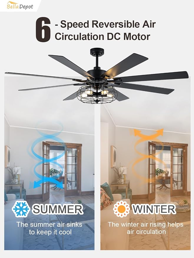 Bella Depot 72 Inch Large Farmhouse Ceiling Fan Industrial Big Chandelier Ceiling Fan with Light, 6-Speed, Reversible, Timing Option - Ideal for Bedroom, Living Room, Covered Patio