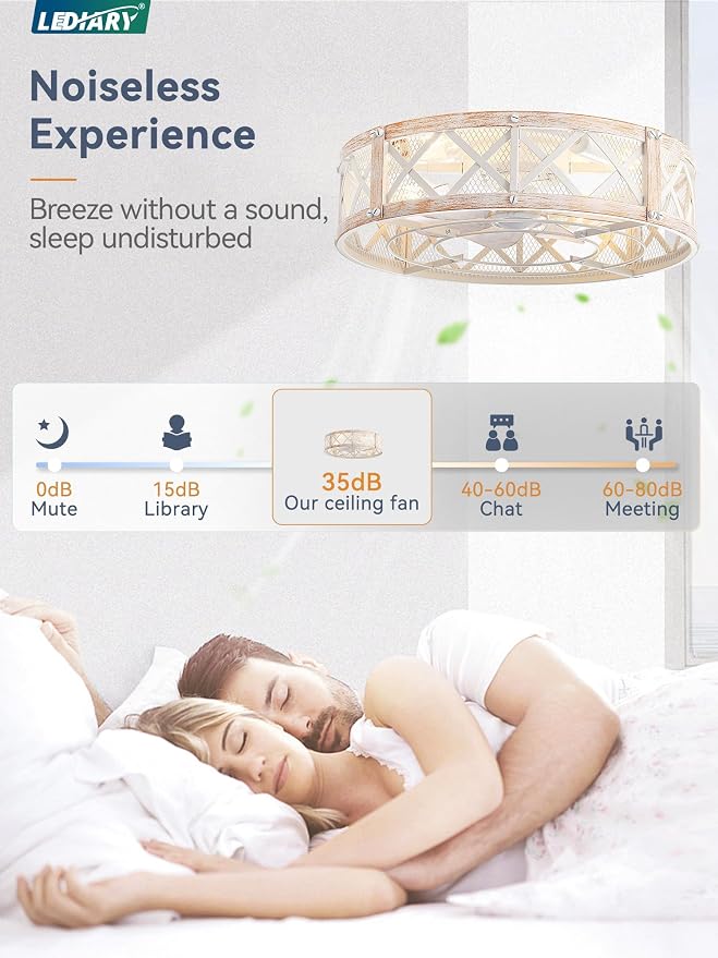 LEDIARY 20" Caged Ceiling Fan with Light, APP&Remote Control, Small Flush Mount Farmhouse Fan Lights, Low Profile Rustic Bladeless Ceiling Fan Fixtures for Bedroom, Kitchen-White Gold Color