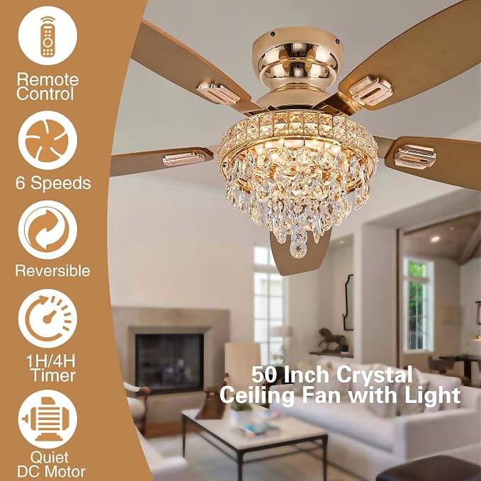 Crystal Ceiling Fan Fandelier with Lights-Ceiling Fans with Lights,50" Low Profile and Remote Control, Flush Mount, Reversible, Dimmable, Noiseless,Gold Ceiling Fan for Bedroom