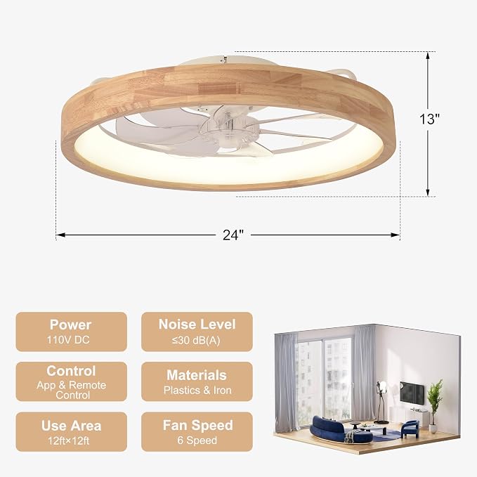 24" Solid Wood Low Profile Ceiling Fan with Light and Remote/APP | Reversible Quiet DC Flush Mount Fan Light,6 Speed Dimmable 3 Color Temperature for Bedroom Kidsroom Dining Room