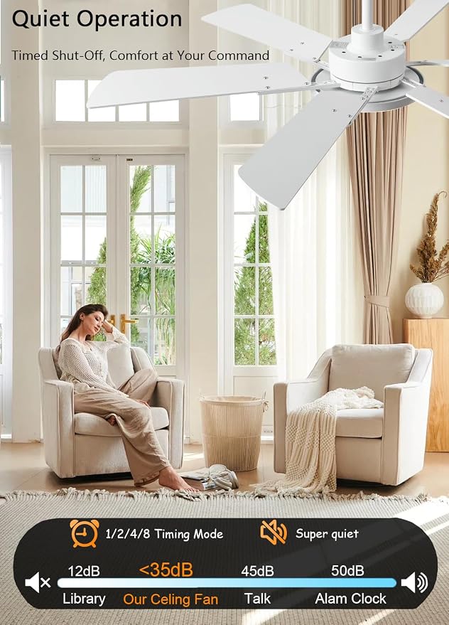 JSAITEE 52 Inch Low Profile Ceiling Fan with Lights, Remote & APP Control, 3CCT Dimmable, 6 Blades 6 Speed Ceiling Fans, Quiet Reversible DC Motor, Modern White Ceiling Fan for Bedroom Living Room
