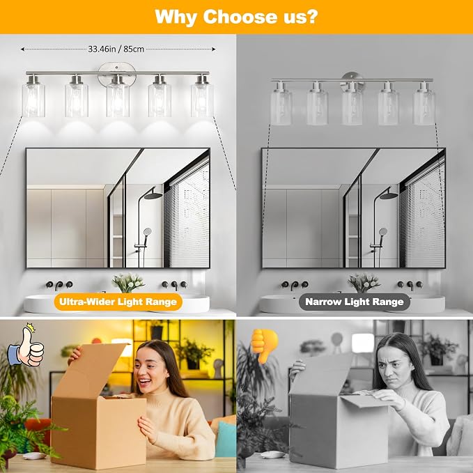 Unicozin Bathroom Light Fixtures, 5 Light Vanity Lights for Bathroom, Brushed Nickel Wall Lamp with Clear Glass for Mirror, Living Room, Hallway, Cabinet, E26 Base