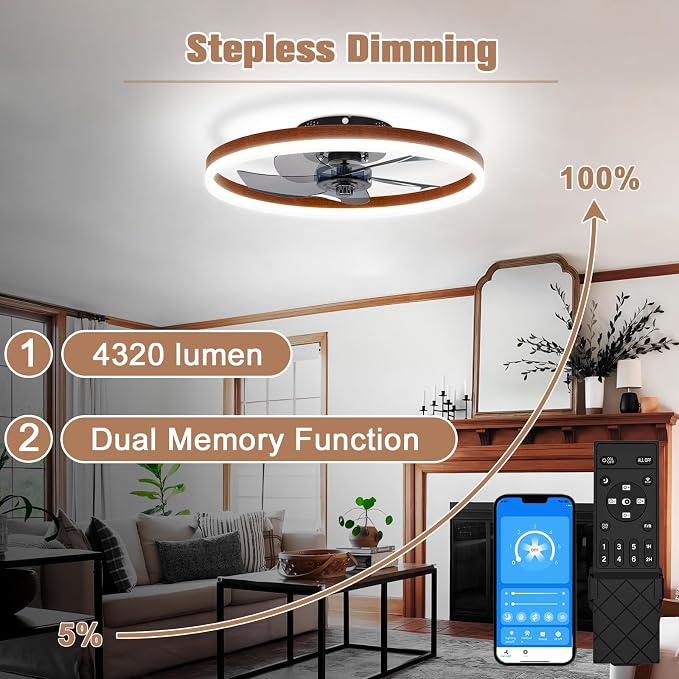 VOLISUN Farmhouse Ceiling Fans with Lights and Remote,No Assembly, 19.7in Low Profile Ceiling Fan Flush Mount, 3000K-6500K Dimmable Bladeless Fandelier Ceiling Fans with Lights for Bedroom(Walnut)
