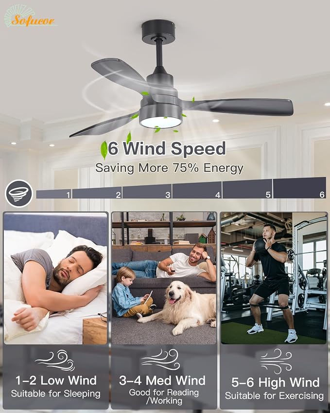 Sofucor 48 Inch Ceiling Fan with Lights and Remote Control, Black | Flush Mount&Downrod Mount, Solid Wood Blade, 1/4/8 H Timer, Quiet DC Motor, Indoor Outdoor Bedroom/Living Room/Patio/Kitchen