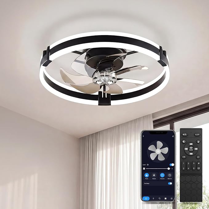 Bladeless Ceiling Fan with Light, 20 Inch Low Profile Flush Mount Fan Black | Modern Small Ceiling Fan with Dimmable Light, 6 Speeds, Reversible Airflow, App and Remote Control for Dedroom