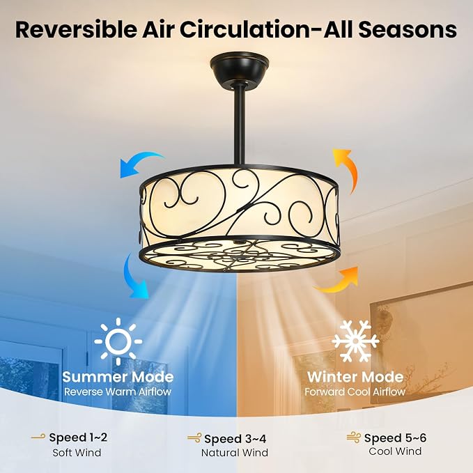Farmhouse Caged Ceiling Fan Light: 18.9" Semi Flush Mount Ceiling Fan Lights Bladeless Fandelier with Remote/Timer/Reversible 6 Speeds/DC Motor Small Ventilador de Techo for Bedroom Living Room