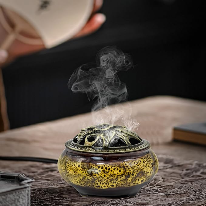 Ceramic Incense Burner with Lid, Incense Holder for Sticks Incense Cone Holder with Brass Incense Stick Holder for Yoga Meditation Home Decor (Fambe Yellow)