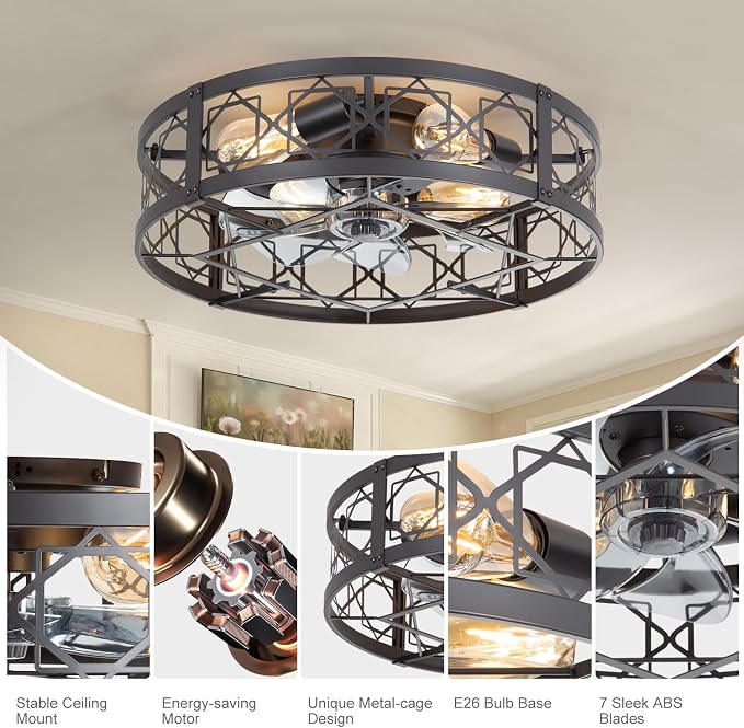 ZYD Caged Ceiling Fan with Light, 20" Ceiling Fan with Lights and Remote Flush Mount, Bladeless Caged Ceiling Fans with Lights, Matte Black Rustic Fan for Bedroom, Kitchen, Dining Room