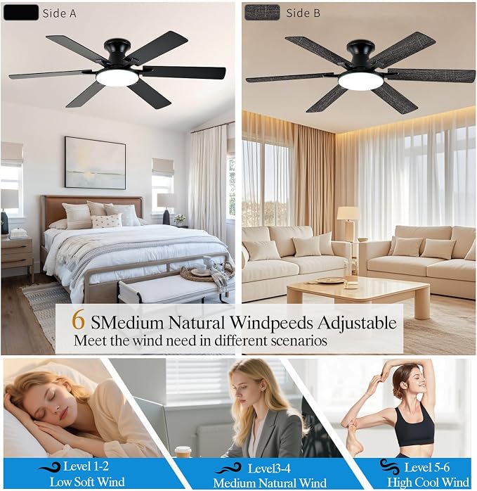 Ceiling Fans with Lights,54 Inch Low Profile Ceiling Fan with Light and Remote Control,6 Speeds/6 Blade,Flush Mount,LED Dimmable DC Reversible Modern, Black Ceiling Fan for Bedroom/Living Room